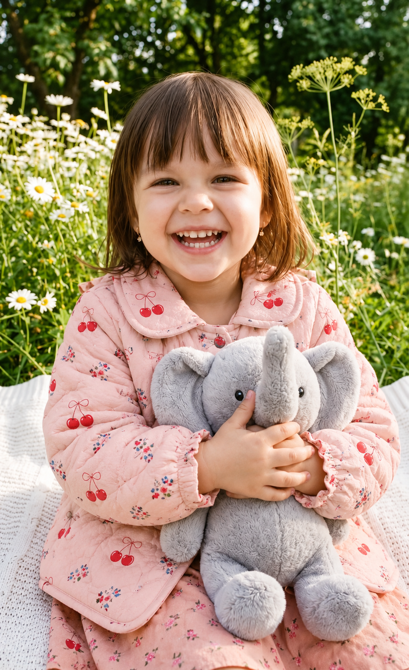 Girl in blush pink cherry-print quilted jacket hugs a plush elephant in a daisy field, a sweet girls jacket
