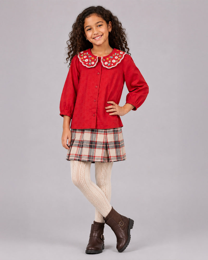 Red Embroidered Collar Girls Top