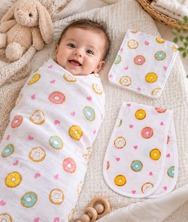 Baby Swaddle, Burp Cloth & Washcloth Set – 3 Piece