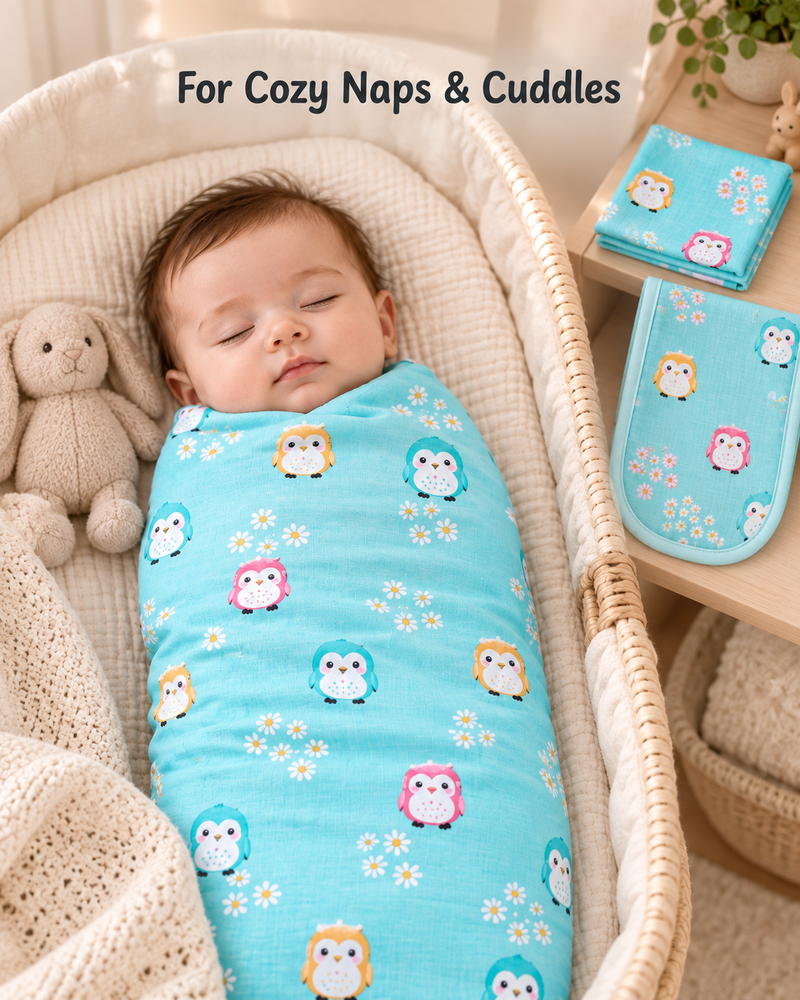 Baby Gift Set – 3 Swaddles, 3 Burp Cloths & 3 Washcloths