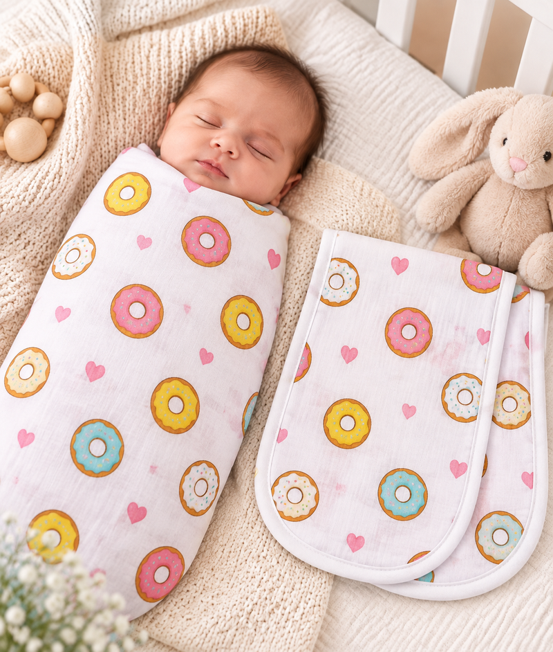 Cotton Swaddle & Burp Cloth Set - Donut Print (2 Piece)