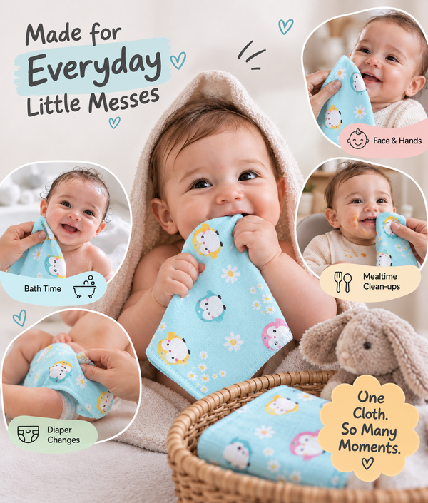 Muslin Cotton Washcloth for Newborns - Penguin Print