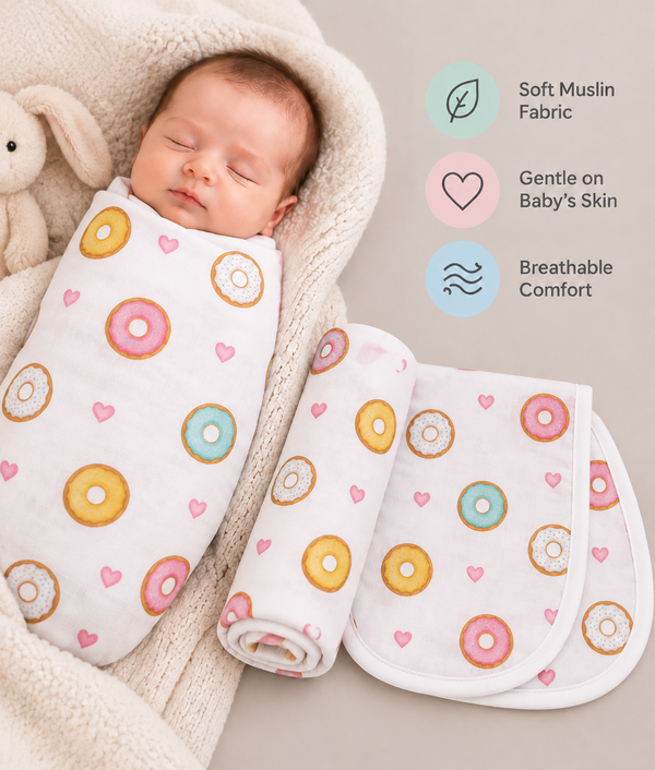 Cotton Swaddle & Burp Cloth Set - Donut Print (2 Piece)