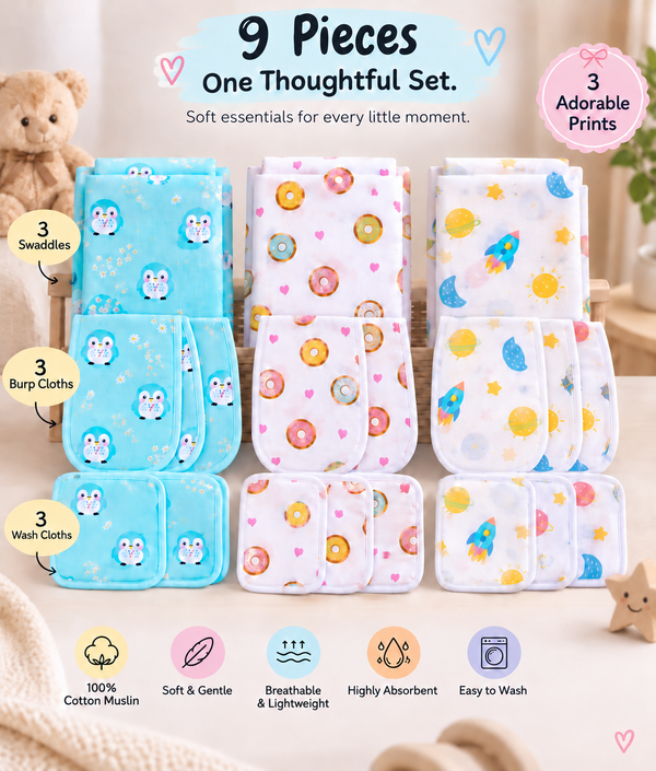 Baby Gift Set – 3 Swaddles, 3 Burp Cloths & 3 Washcloths