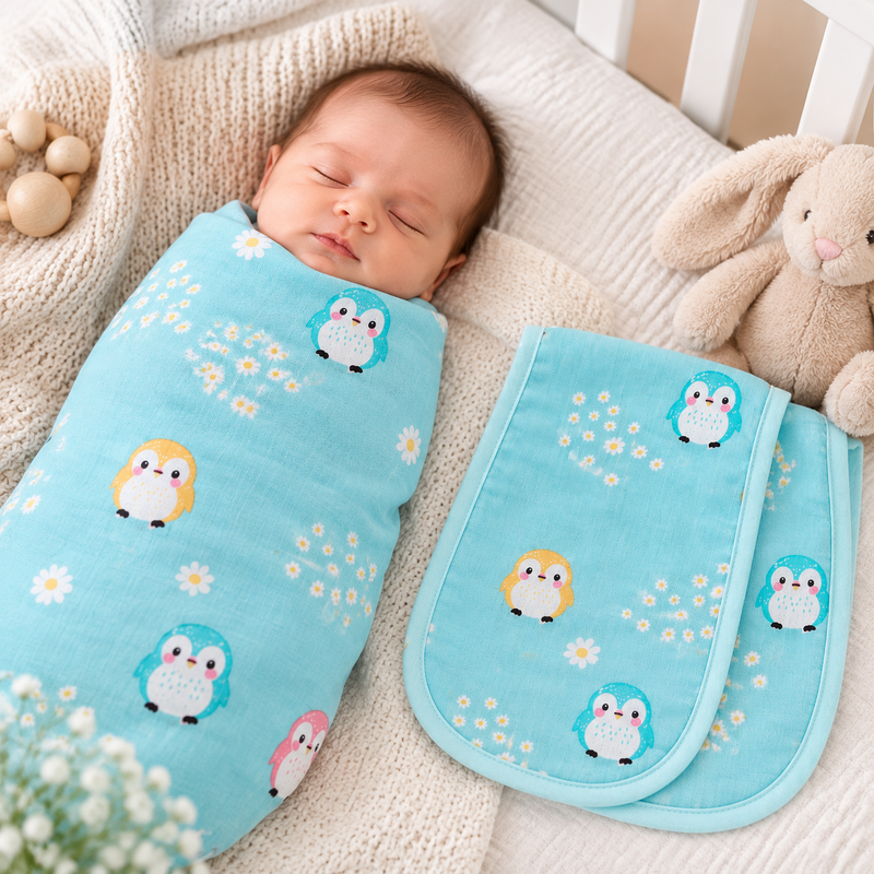 Cotton Swaddle & Burp Cloth Set - Penguin Print (2 Piece)