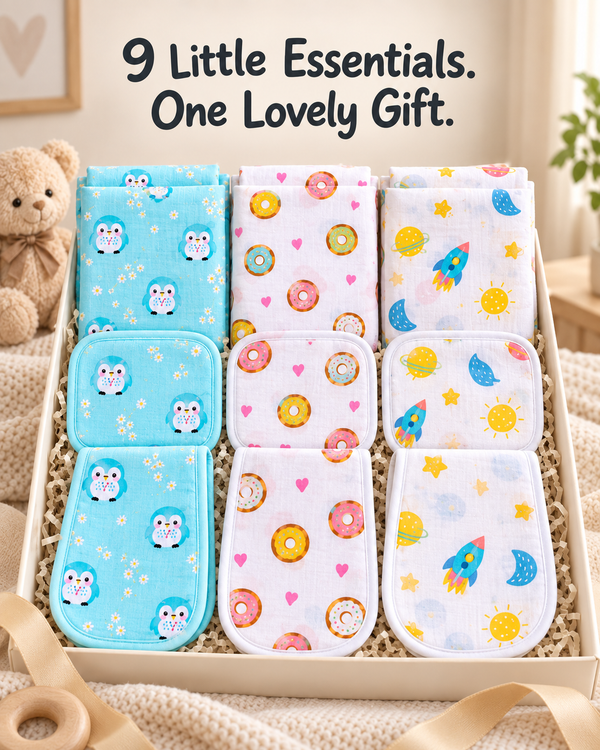 Baby Gift Set – 3 Swaddles, 3 Burp Cloths & 3 Washcloths