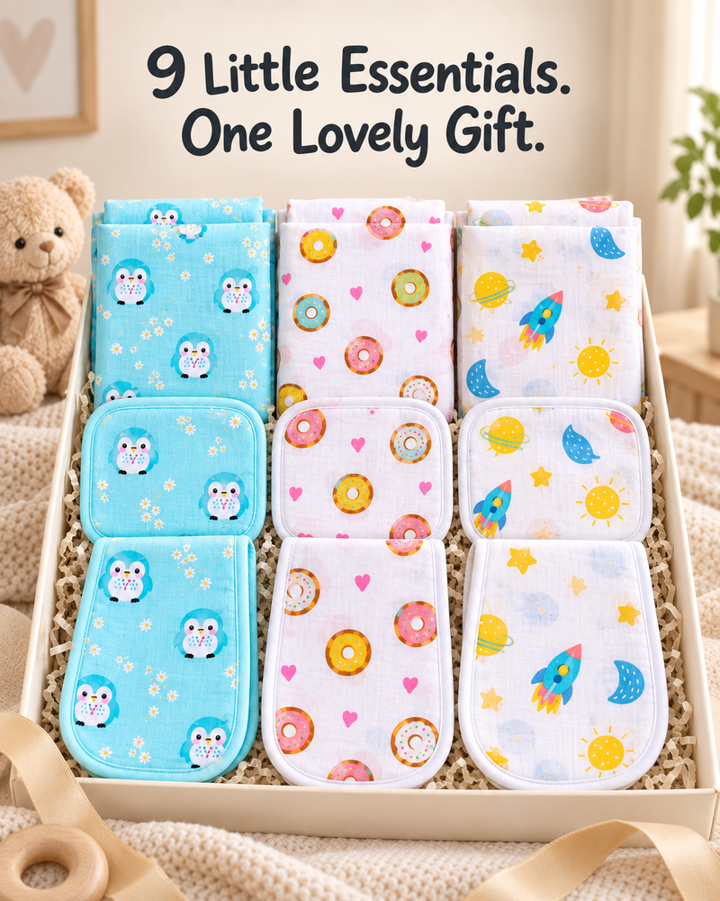 Baby Gift Set – 3 Swaddles, 3 Burp Cloths & 3 Washcloths