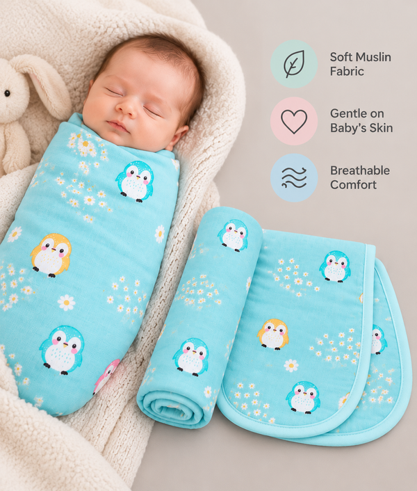 Cotton Swaddle & Burp Cloth Set - Penguin Print (2 Piece)