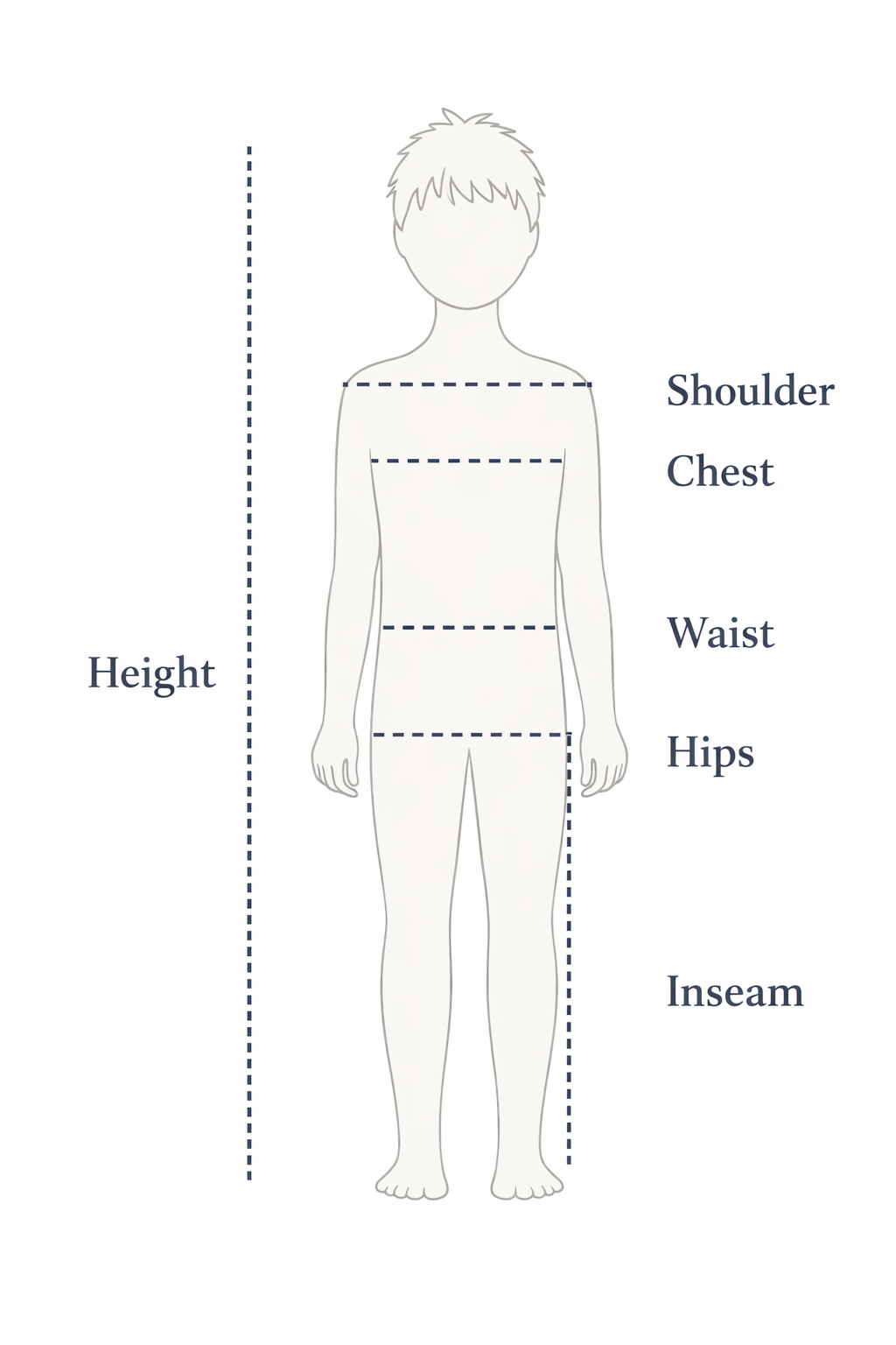 Body measurement reference: shoulder, chest, waist, hips, inseam, height